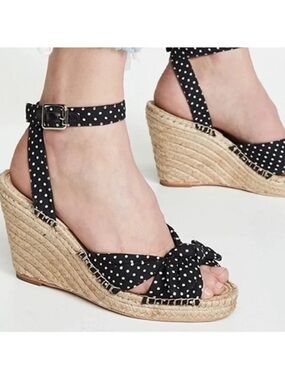 Loeffler Randall Black and White bow Polka Dot Espadrille Wedge woven Sandals 9